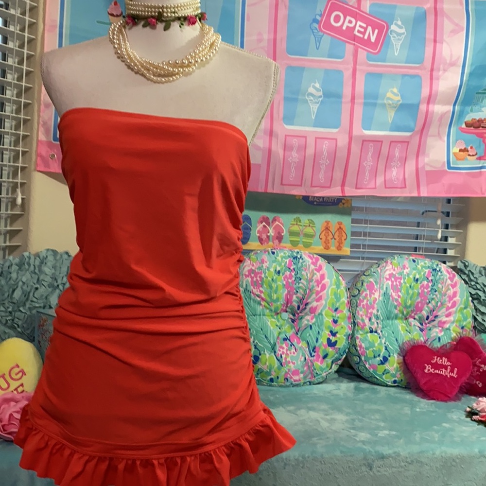 ELLE bright orange ruched sides & ruffle hem swim dress
